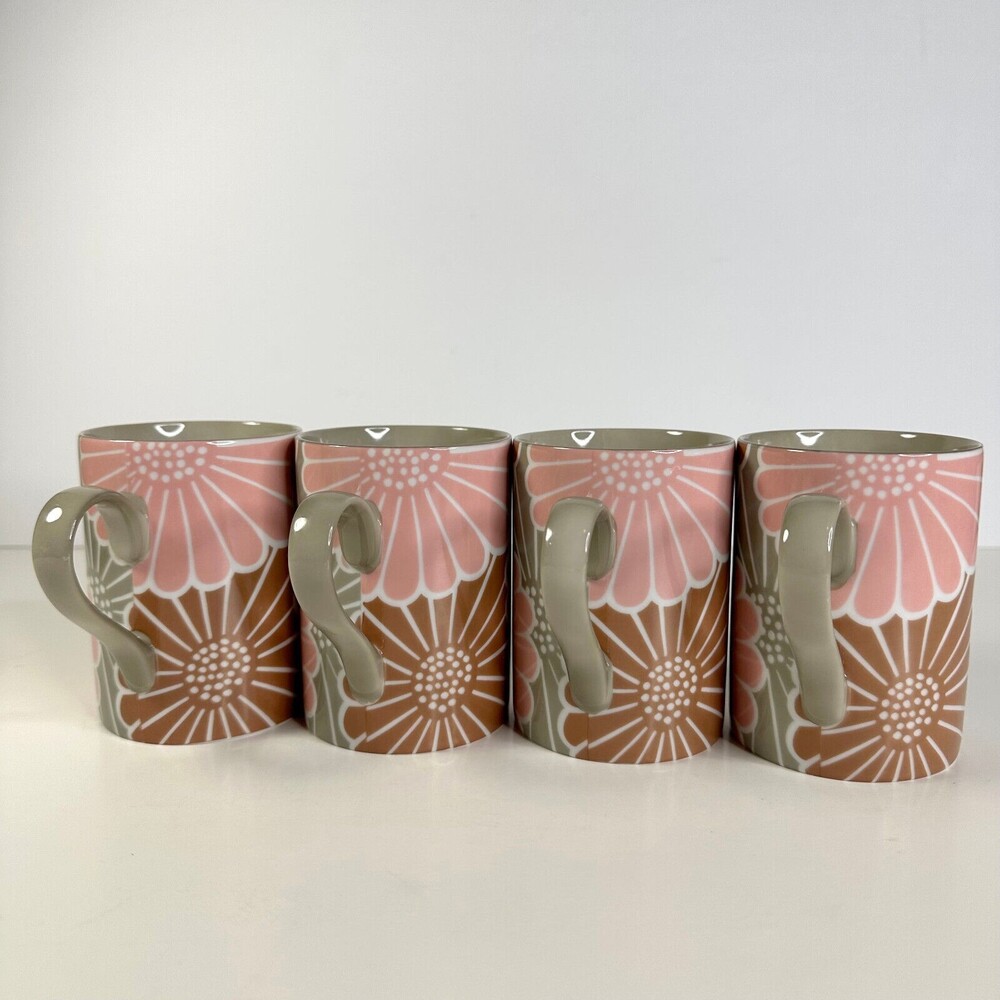 Fitz & Floyd Cups Gray Brown Pink Set of 4 KiKu Pattern porcelain